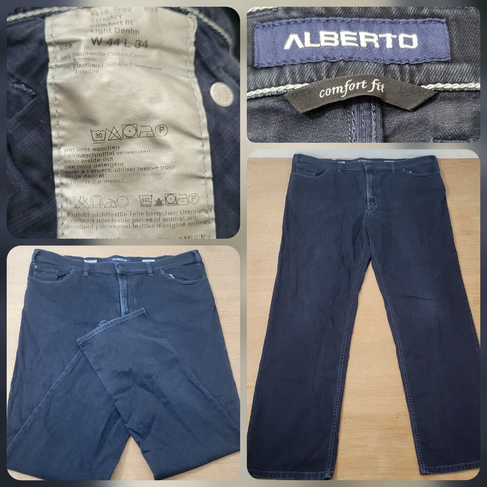 Alberto Comfort Fit Tommy 44x32 Men’s Blue Jeans Straight Leg Medium Wash T400